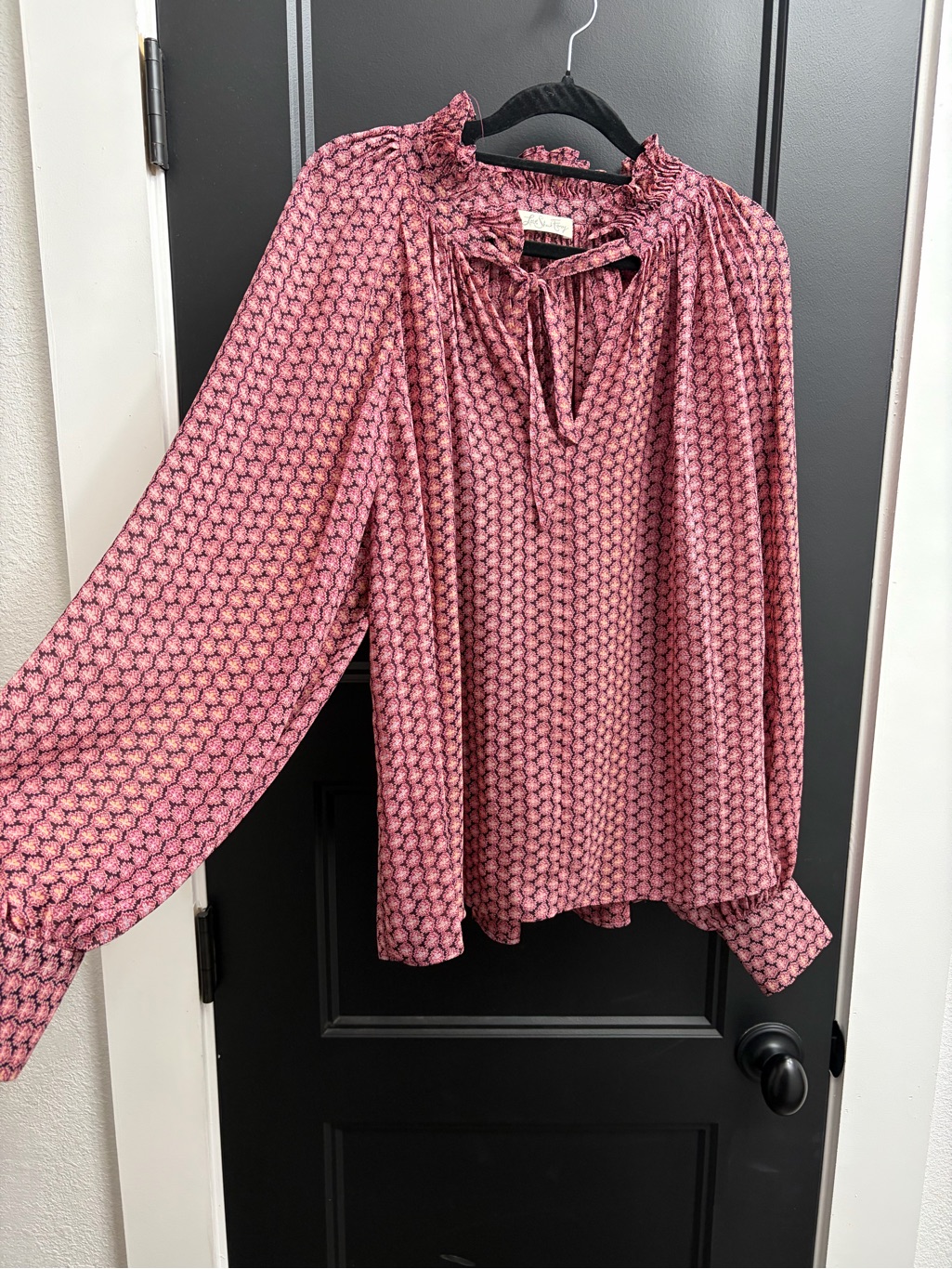 Loveshackfancy Gamela Silk Pink Printed Ruffle-Neck Long Sleeve Blouse